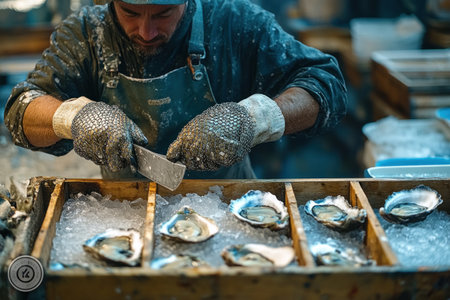 A skilled worker carefully shucks oysters at a rustic station filled with fresh seafood and ice, highlighting the art of oyster preparation.の素材