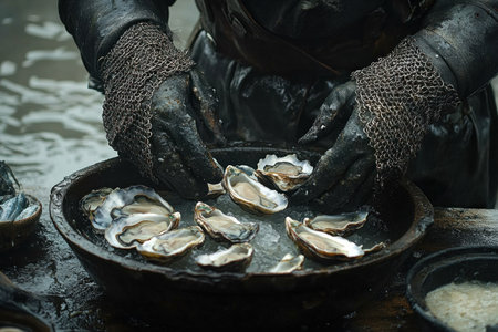 Hands wearing chainmail gloves expertly open oysters at a shucking station, surrounded by shells and fresh seafood.の素材