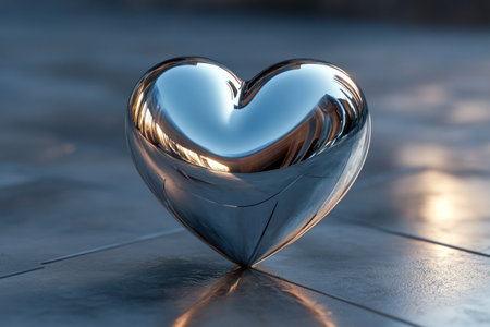 A polished chrome heart is positioned on a smooth gray surface, capturing light and creating soft reflections in a tranquil setting.の素材