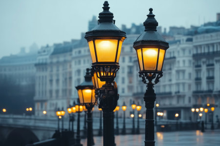 A warm glow from an old street lamp lights a historic city street at twilight, showing the architecture and inviting a cozy feel.の素材