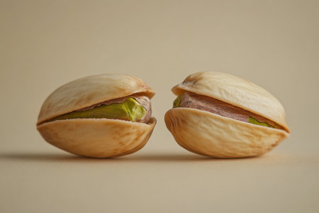 Two pistachio nuts nestled in their shells display a side view against a soft, neutral backdrop, highlighting their vibrant green interiors.の素材