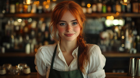 A red-haired bartender in a white shirt warmly greets customers at a bar filled with various bottles, creating a friendly atmosphere.の素材