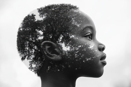 A striking double exposure effect reveals a child's profile merged with a beautiful silhouette of trees, symbolizing innocence and nature's harmony.の素材