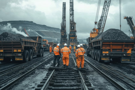 Several workers in safety gear maneuver through a steel factory, surrounded by heavy machinery and coal trucks under cloudy skies.の素材