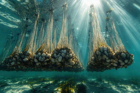 Oysters in mesh bags hang underwater, bathed in sunlight, forming a vibrant ecosystem below the surface.の素材