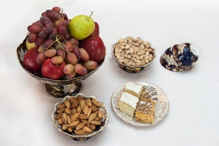 Set of the glass dishes with meal on white backgroundの写真素材