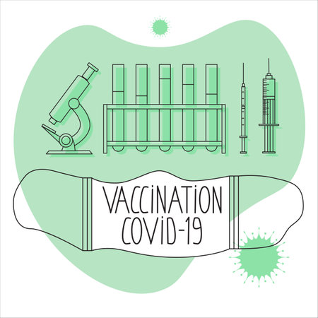 Global vaccination Covid-19 vector illustration. Line art with shadow. Green background.のイラスト素材