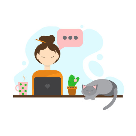Homework girl with cat flat style. Lockdown. Home education. Cup of tea. Slipping cat.のイラスト素材