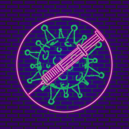 Vaccination Covid-19 vector illustration. Neon light. Dark background. Brick wall.の写真素材