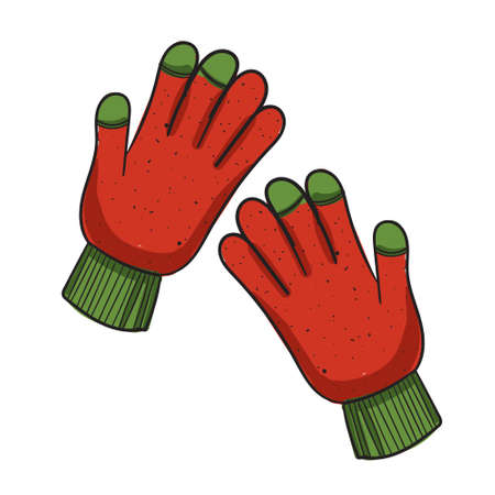 Hand drawn colored gloves with outline. Green and red colors.のイラスト素材