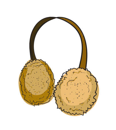 Hand drawn colored headphones with outline. Brown and beige colors.のイラスト素材