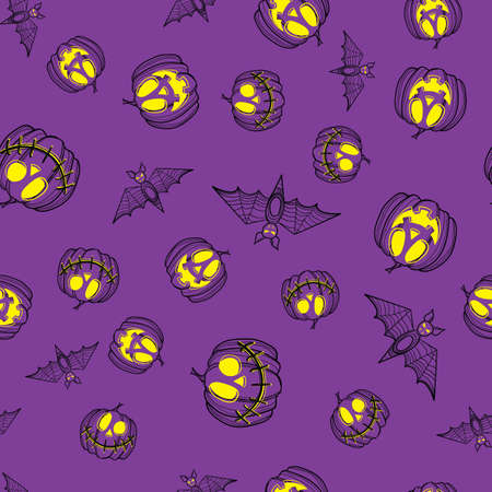 Vector pattern of bats, pumpkins on a purple background with outline.のイラスト素材
