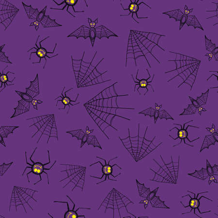 Vector pattern of cobwebs, bunches and bats on a purple background with outline.のイラスト素材