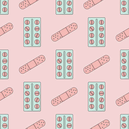 Vector pattern of blister of pills and patch on a light pink background with outline.のイラスト素材