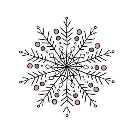 Vector snowflakes on a white background with outline and purple, pink details.のイラスト素材