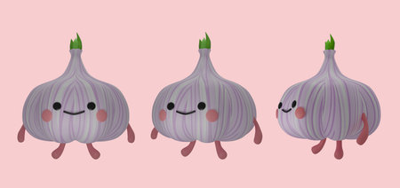 3d rendering illustration of a cute garlic in a in different poses. Kawaii style. Single object on a pink background.の写真素材