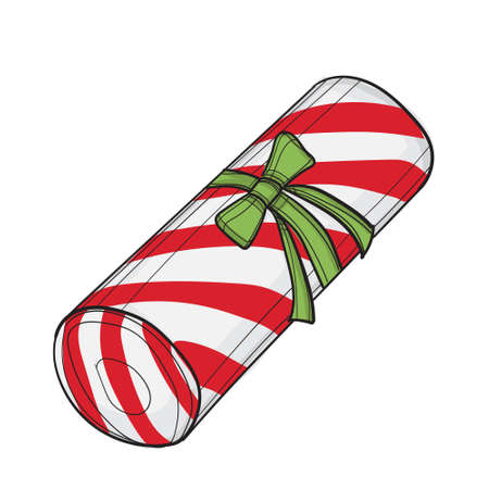 Cylinder shaped gift painted red with white stripes and green ribbon. On white backgroundのイラスト素材