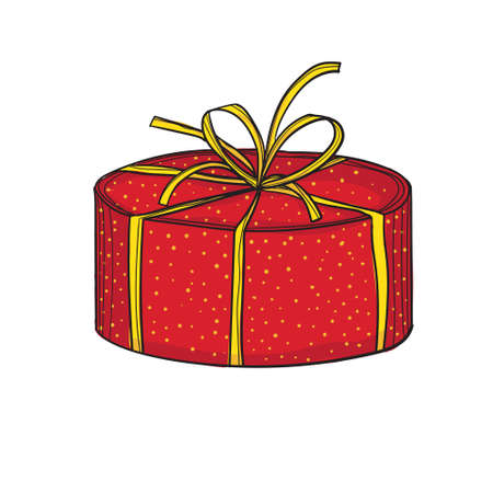 Gift in a round green box with a red ribbon. On a white background.のイラスト素材