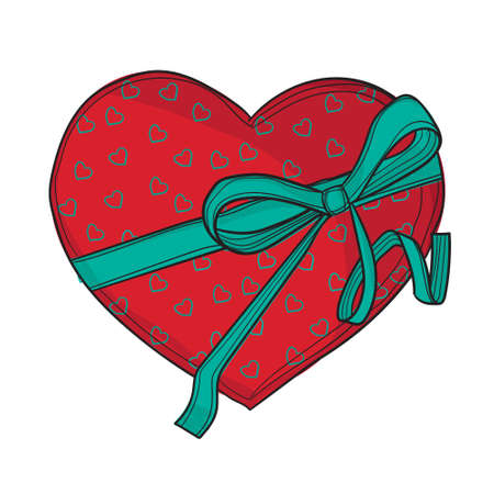 Heart shaped gift painted red with green hearts and green ribbon. On white backgroundのイラスト素材