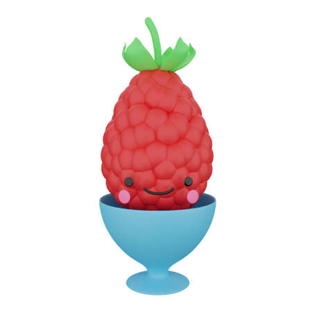 Cute red raspberry egg in a blue stand on a white background. Kawaii character.