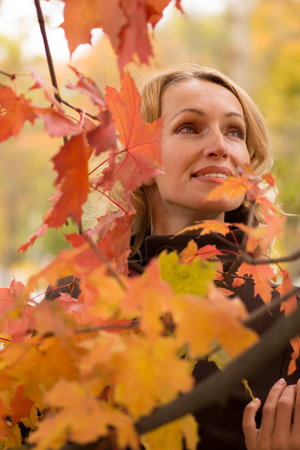 Adult woman dreams under an autumn red tree