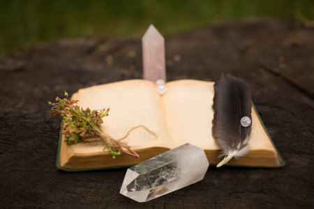 Wiccan witch altar with open recipes spell book alchemy ingredients around, sack of medicinal herbs wizard table background, magic quartz crystal feather crow stump in forestの写真素材