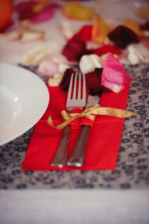 beautiful romantic table, Valentine's day, gentle evening, Cutlery, heartsの写真素材