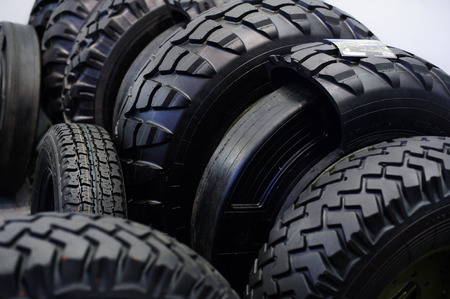 Kiev, Ukraine - October 12, 2017: bullet-proof tires for military and civilian armored vehicles exhibition "Arms and Security - 2017"のeditorial素材