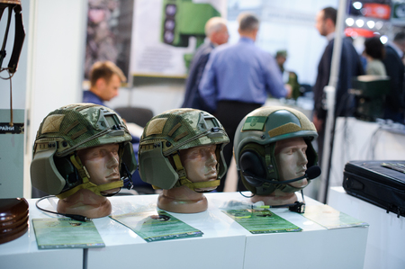 Kiev, Ukraine - October 12, 2017: modern military tactical Kevlar helmet at the exhibition, the production of Ukraine exhibition "Arms and Security - 2017"のeditorial素材