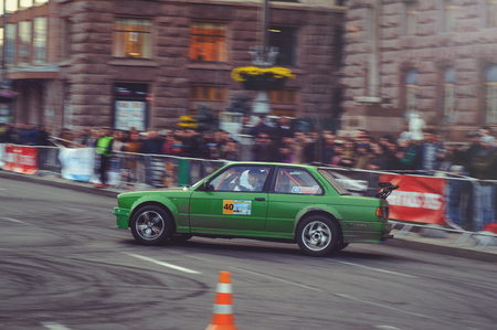 Kiev, Ukraine - October 22:  automobile slalom and drift competitions in the city center, car on the road with cones in  Kiev, Ukraine.のeditorial素材