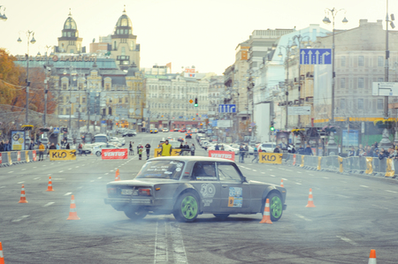 Kiev, Ukraine - October 22:  automobile slalom and drift competitions in the city center, car on the road with cones in  Kiev, Ukraine.のeditorial素材