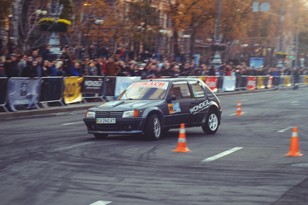 Kiev, Ukraine - October 22:  automobile slalom and drift competitions in the city center, car on the...