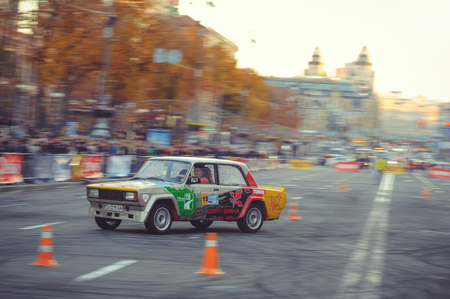 Kiev, Ukraine - October 22:  automobile slalom and drift competitions in the city center, car on the road with cones in  Kiev, Ukraine.のeditorial素材