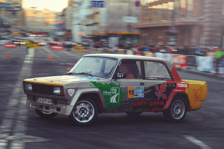 Kiev, Ukraine - October 22:  automobile slalom and drift competitions in the city center, car on the road with cones in  Kiev, Ukraine.のeditorial素材
