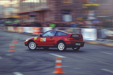 Kiev, Ukraine - October 22:  automobile slalom and drift competitions in the city center, car on the road with cones in  Kiev, Ukraine.のeditorial素材