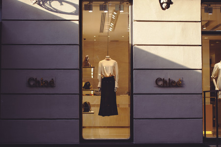 Kiev, Ukraine - June 22, 2017: shop window Shloe with clothes view from the street in the center of Kievのeditorial素材