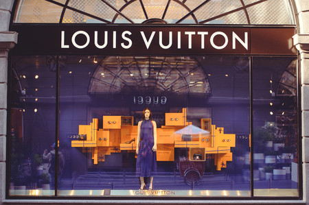 Kiev, Ukraine - June 22, 2017: Shop window with manicure and clothes Louis Vuitton in Kievのeditorial素材