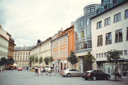 PRAGUE, CZECH REPUBLIC - JUNE 2016:  cozy and beautiful tourist street of the Prague's old architecture and people walkingのeditorial素材