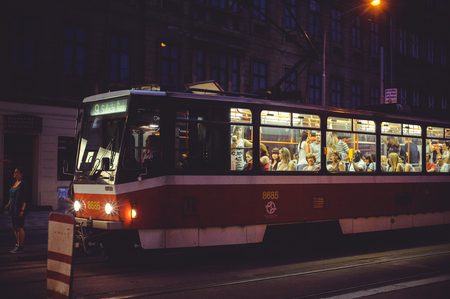 PRAGUE, CZECH REPUBLIC - JUNE 2016: Trams on the street in Prague, public transportのeditorial素材