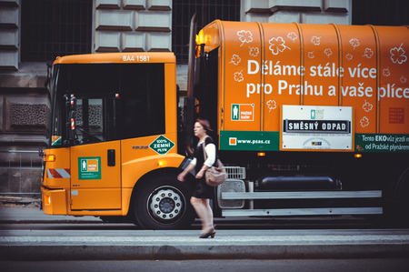 PRAGUE, CZECH REPUBLIC - JUNE 2016: cleaning and garbage collection is a cozy and beautiful tourist street of old architecture.のeditorial素材