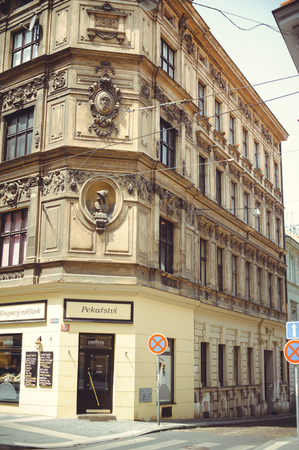 PRAGUE, CZECH REPUBLIC - JUNE 2016: A cozy and beautiful tourist street of old Prague architectureのeditorial素材