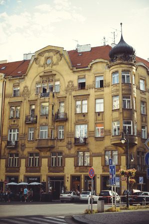 PRAGUE, CZECH REPUBLIC - JUNE 2016: A cozy and beautiful tourist street of old Prague architectureのeditorial素材