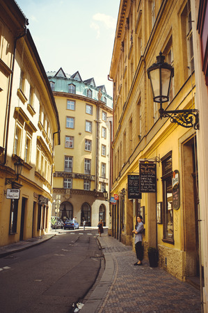 PRAGUE, CZECH REPUBLIC - JUNE 2016: A cozy and beautiful tourist street of old Prague architectureのeditorial素材