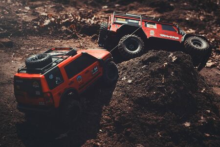 Kiev, Ukraine - APRIL, 2018 : radio-controlled model of an off-road car, trophy crossing the road road situation, hobbies and leisure in Kiev, Ukraineのeditorial素材