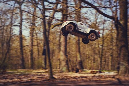 Kiev, Ukraine - APRIL, 2018 : car bashing on the track radio-controlled models flying with a...