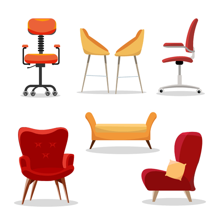 Set of Chairs. Comfortable furniture armchair and modern seat design in interior illustration. business office-chairs or easy-chairs isolated on white background Flat cartoon style vector illustrationのイラスト素材