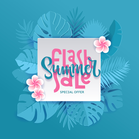 Blue Monstera palm leaves aroung white square sheet with hand lettering Flash Summer Sale Banner design in paper cut style. Origami plants with frangipani flowers. Summertime jungle floral background.のイラスト素材