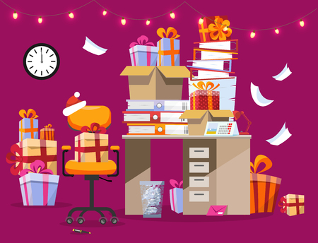 Festive mood in the office. Christmas interior with desk on which there are piles of gifts and folders with paper mixed. garland burns over table. It's midnight on the clock. Flat cartoon vectorのイラスト素材