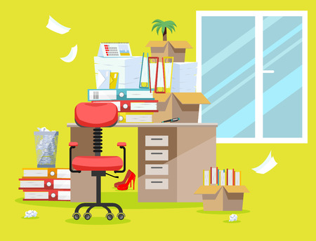 Period of accountants and financier reports submission. Pile of paper documents and file folders in cardboard boxes on office table. Flat vector illustration windows, chair and waste-basketのイラスト素材
