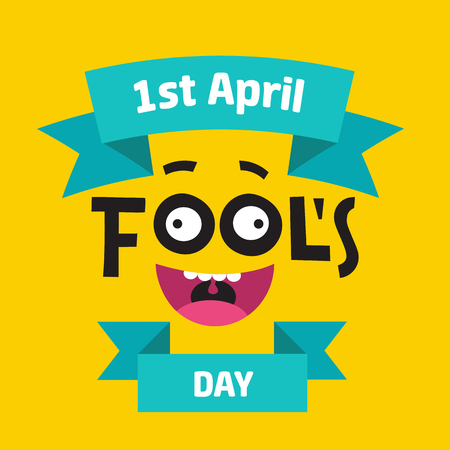 April Fool's Day concept with colorful text on yellow background. Hand written lettering composition with jester's laughing face and greeting inscriptions on ribbons.Cheerful faceのイラスト素材